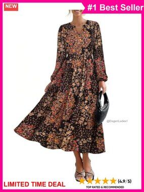 Plus Size Maxi Dress Long Sleeve V Neck Floral Ruffle A-Line with Pockets